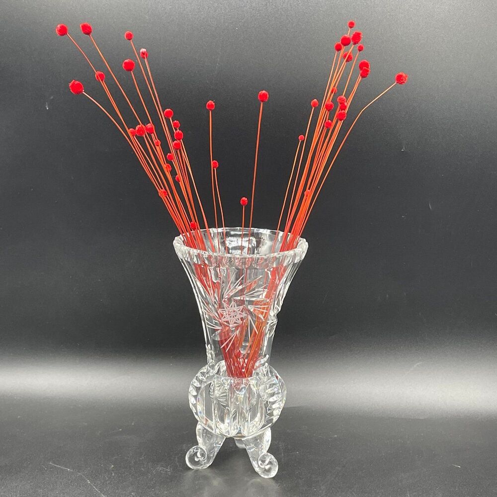 Clear Crystal Cut Glass Czech Bohemian Style Pinwheel 3-Footed 7.5” Vase Flared